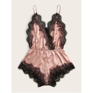 Eyelash Lace Satin Romper Bodysuit